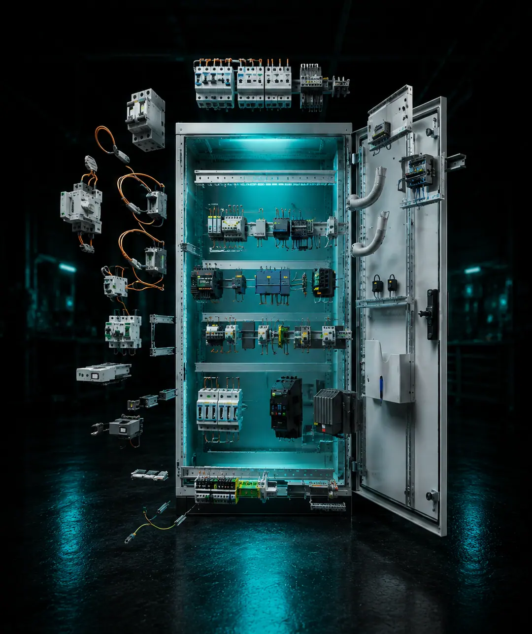 Unutrašnjost industrijskog elektro ormara — redne stezaljke, osigurači i ožičenje.